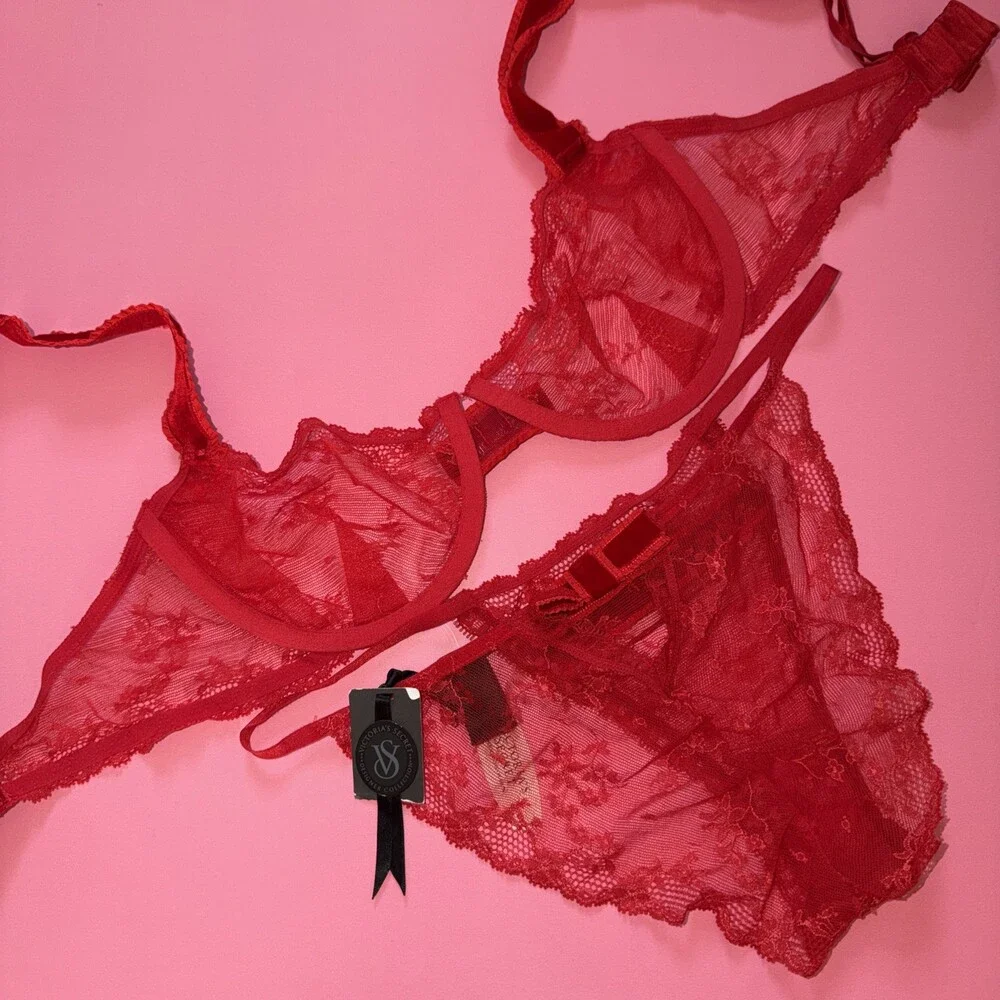 Victoria's Secret DESIGNER COLLECTION 36C BRA+garter+L RED VELOUR BOWS crystals